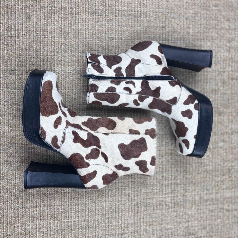 🐄 Calf Hair Cow Print Platform Ankle Boots | Size 8.5 | Brown & White